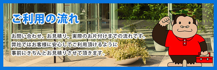 ご利用の流れ お問い合わせ、お見積もり、実際のお片付けまでの流れです。弊社ではお客様に安心してご利用頂けるように、事前にきちんとお見積もりをさせて頂きます。